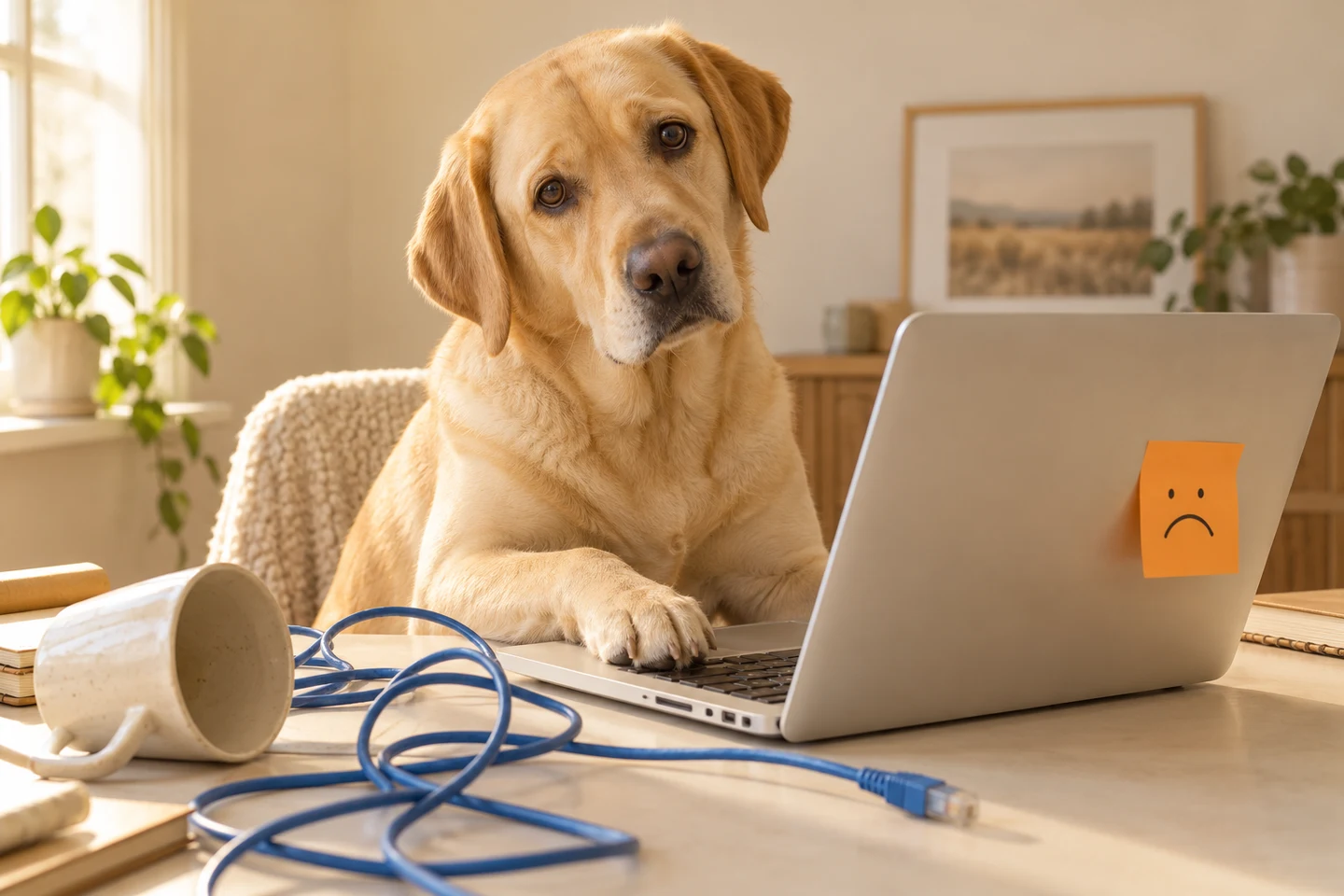 The Labrador at a laptop, looking like he may have caused the outage
