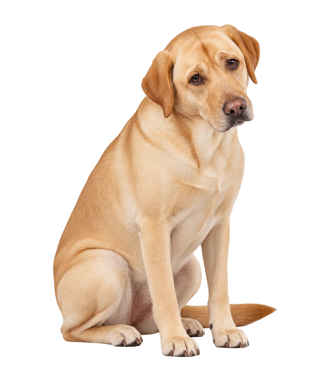 A golden Labrador sitting with an apologetic head tilt
